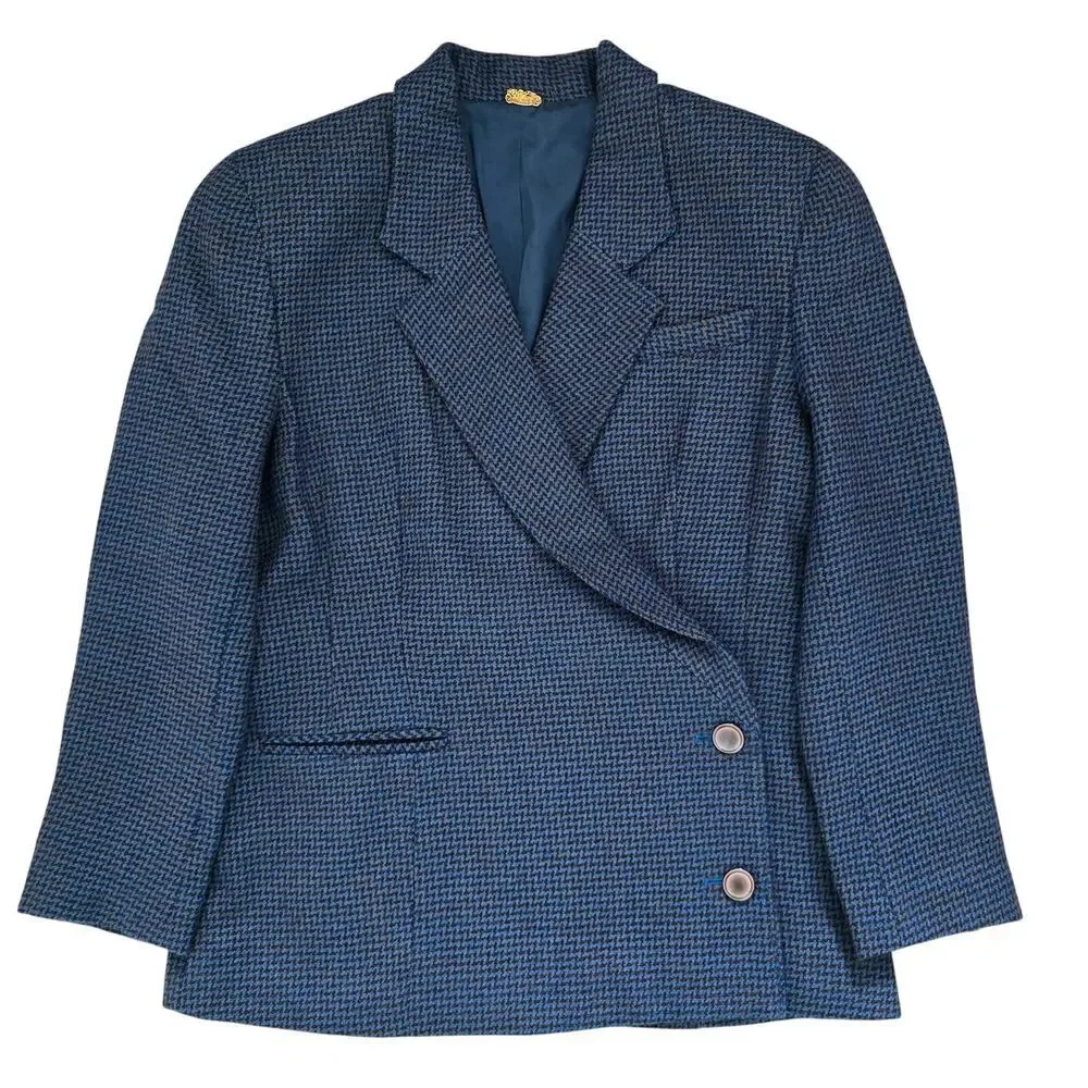 Vintage St. Sophia Paris Double Breasted Wool Blazer Houndstooth Navy EU42 USM - Picture 2 of 10